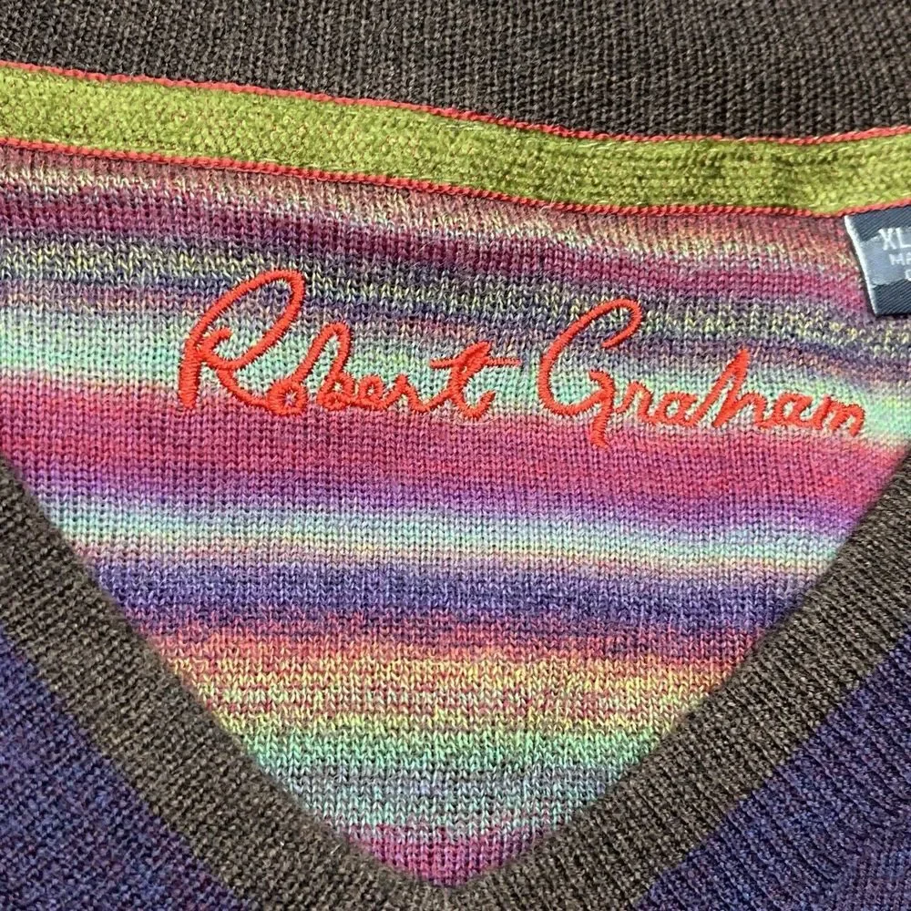 Robert‎ Graham 100% Wool Sweater Mens XL Purple V-Neck  Long Sleeve Preppy